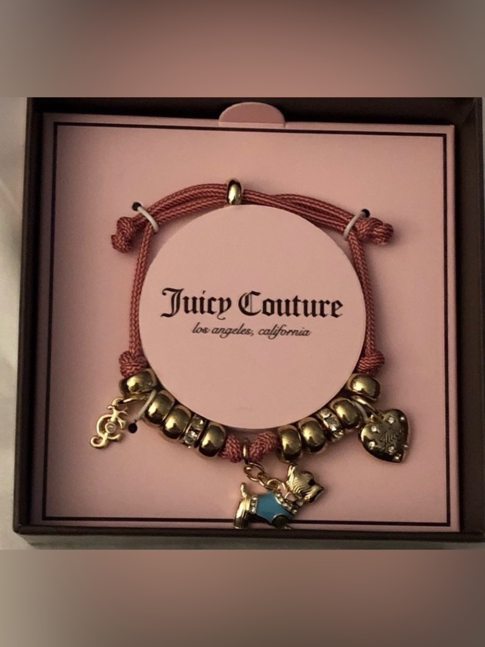 V! Juicy Couture Pink Nylon Paracord Charm Bracelet Scottie Dog, JC & Heart